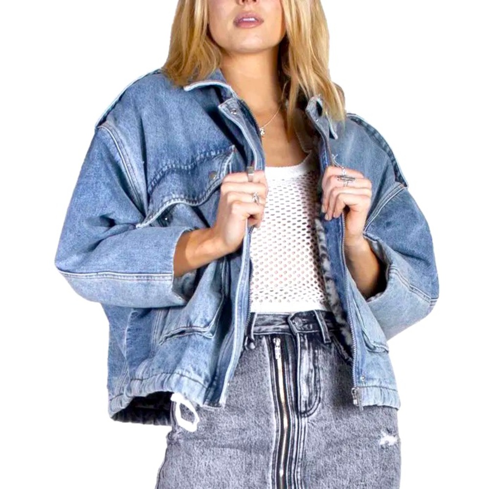 Neon Blonde High Flyer Denim Jacket with leopard print fur lining